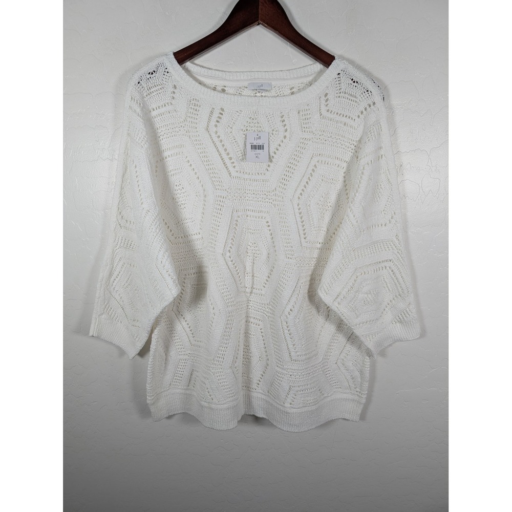 J‎ Jill Sweater Womens XL White Crochet Knit Hexagon Pullover Lightweight Boho